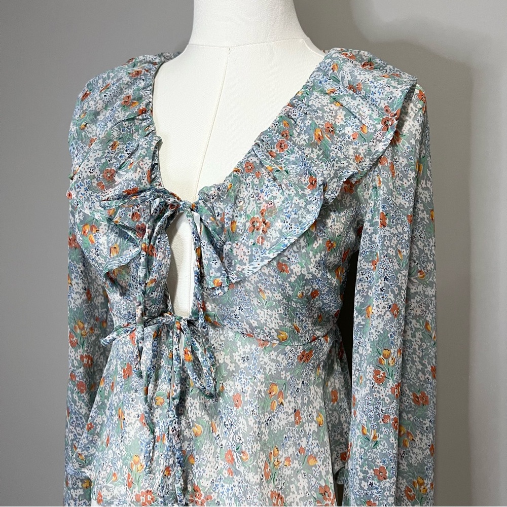 Dizzy Lizzy Floral Sheer Cotton Blend Tie Front Blouse Size XS - Picture 2 of 8